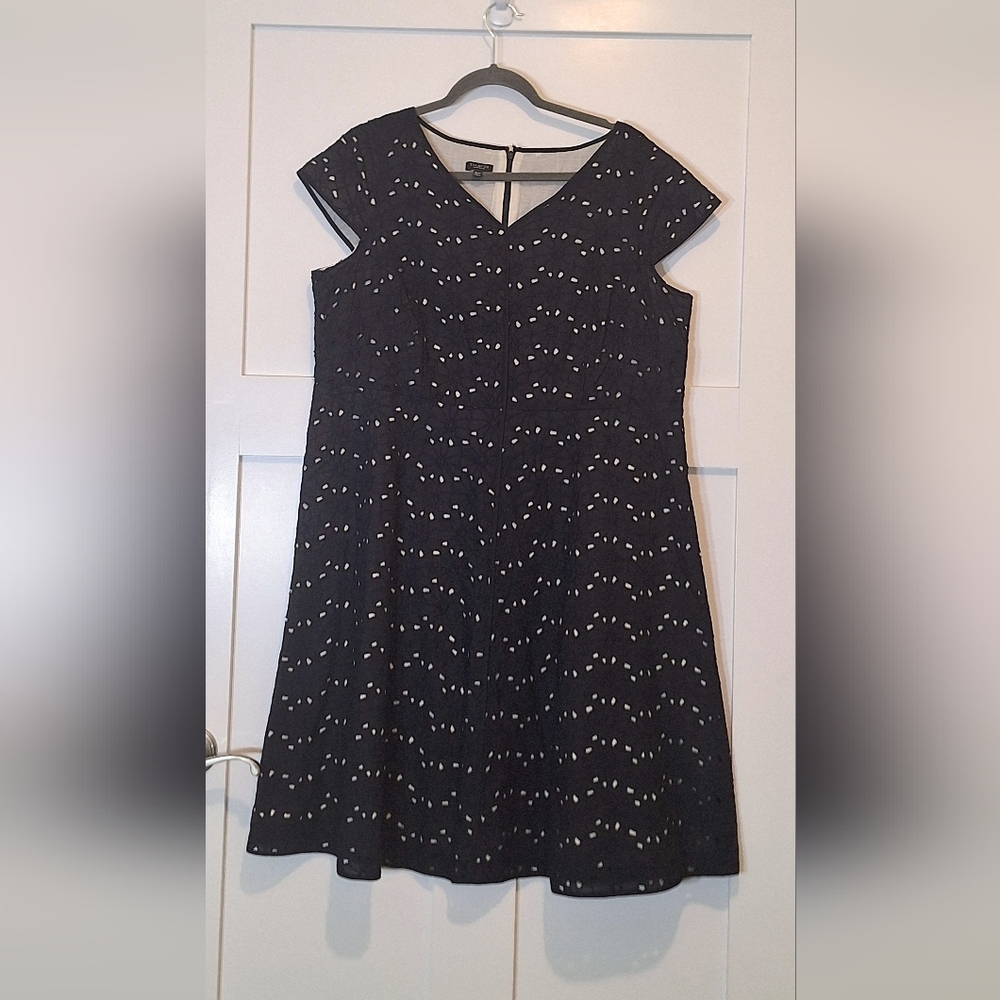 Talbots Cotton Eyelet Embroidered Floral Fit Flare Black White Size 16WP